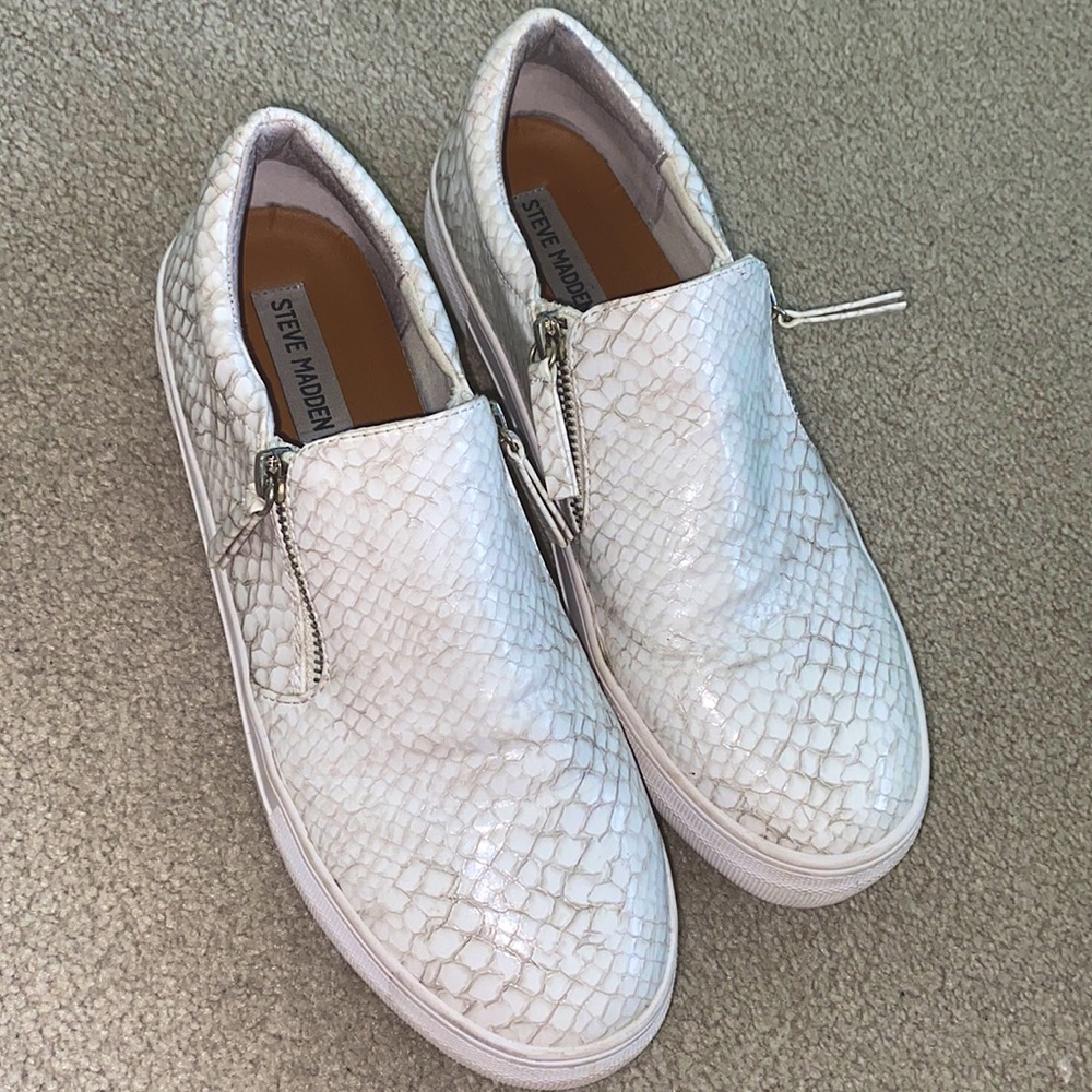 Steve Madden White Snake-Embossed Slip-On Sneakers
